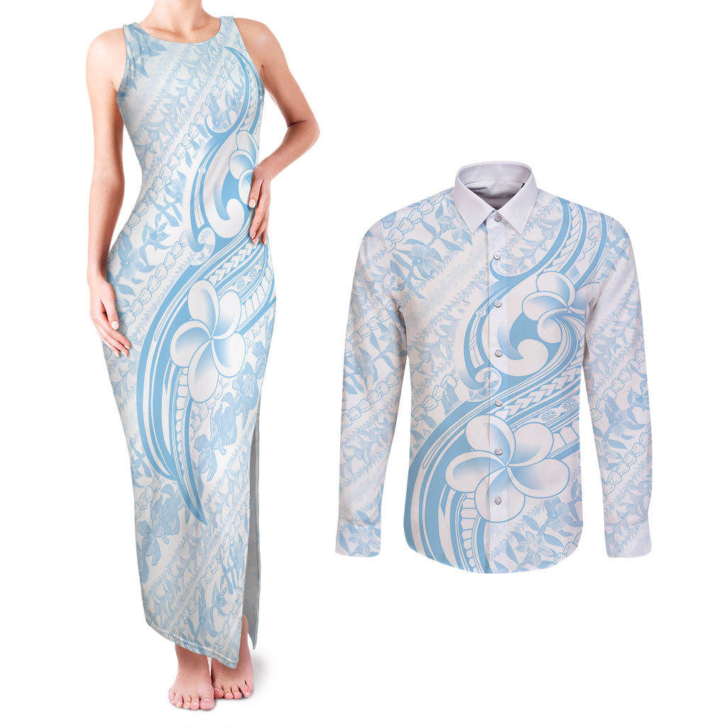 Hawaii Plumeria Lokelani Pikake Lei Couples Matching Tank Maxi Dress and Long Sleeve Button Shirt Uliuli Polynesian Tattoo