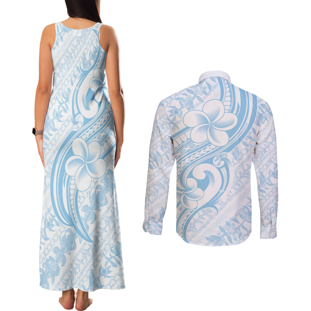 Hawaii Plumeria Lokelani Pikake Lei Couples Matching Tank Maxi Dress and Long Sleeve Button Shirt Uliuli Polynesian Tattoo