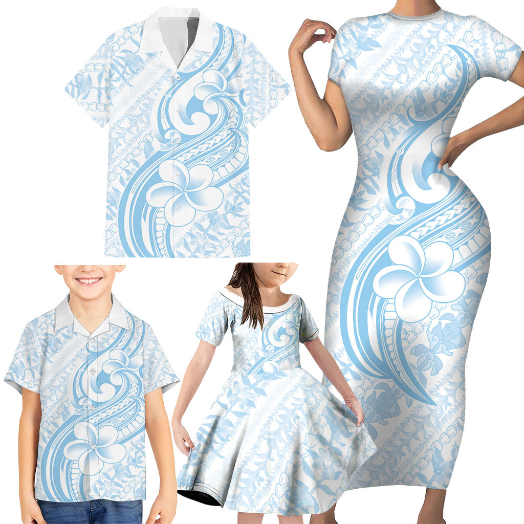 Hawaii Plumeria Lokelani Pikake Lei Family Matching Short Sleeve Bodycon Dress and Hawaiian Shirt Uliuli Polynesian Tattoo