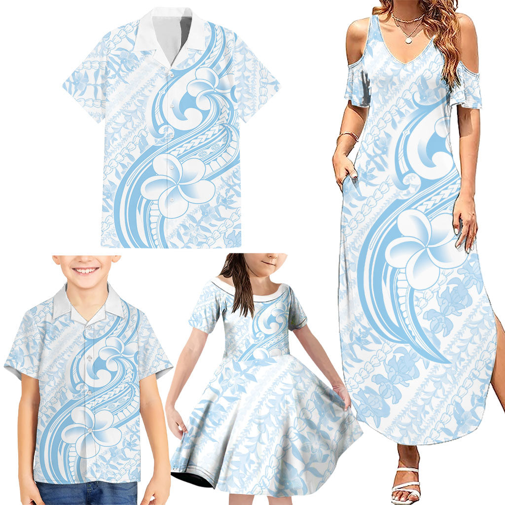 Hawaii Plumeria Lokelani Pikake Lei Family Matching Summer Maxi Dress and Hawaiian Shirt Uliuli Polynesian Tattoo