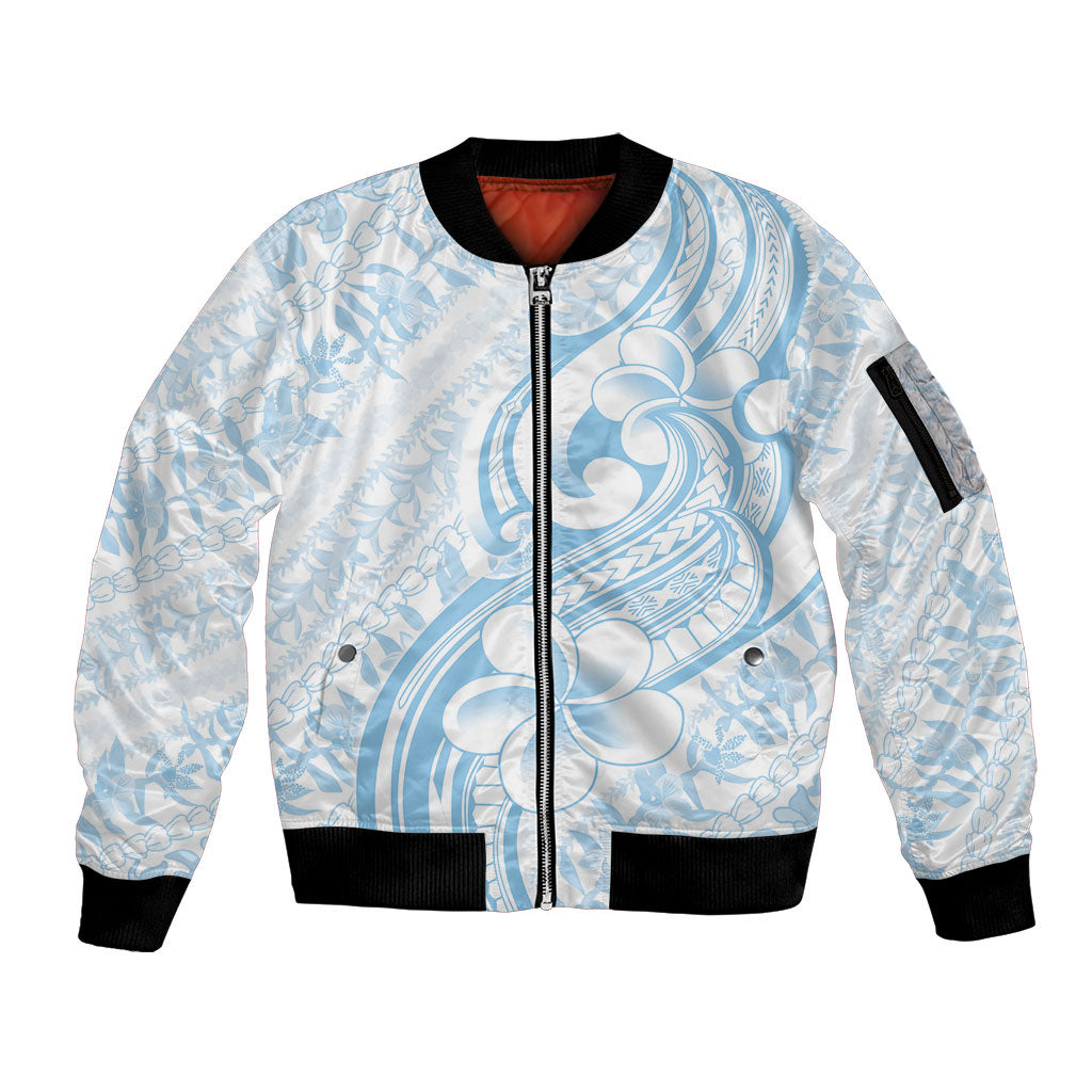 Hawaii Plumeria Lokelani Pikake Lei Sleeve Zip Bomber Jacket Uliuli Polynesian Tattoo LT9 Unisex Blue - Polynesian Pride