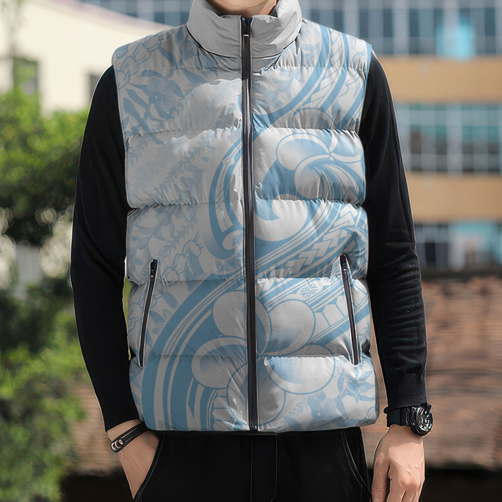 Hawaii Plumeria Lokelani Pikake Lei Sleeveless Puffer Jacket Uliuli Polynesian Tattoo