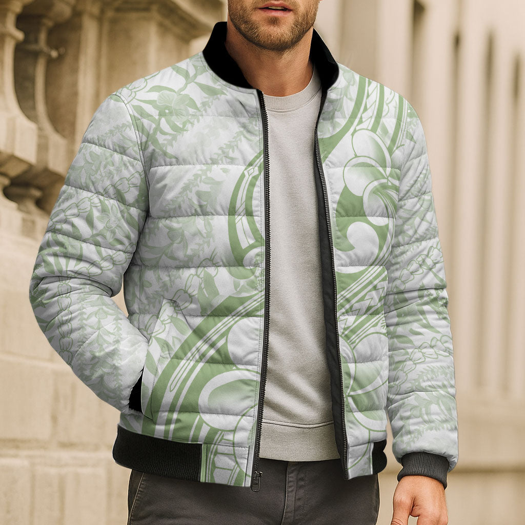 Hawaii Plumeria Lokelani Pikake Lei Bomber Puffer Jacket Oma'oma'o Polynesian Tattoo