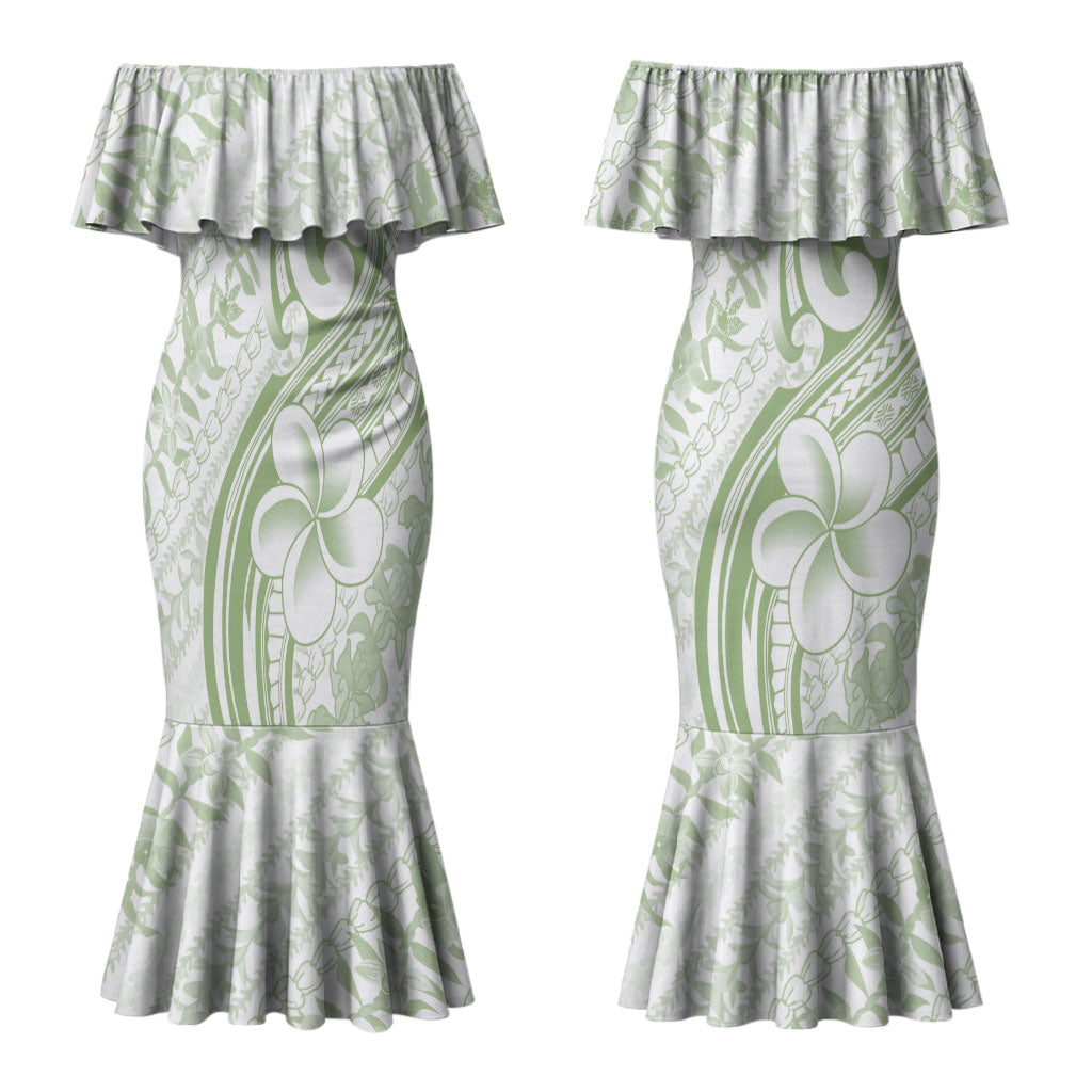 Hawaii Plumeria Lokelani Pikake Lei Couples Matching Mermaid Dress and Long Sleeve Button Shirt Oma'oma'o Polynesian Tattoo LT9 - Polynesian Pride