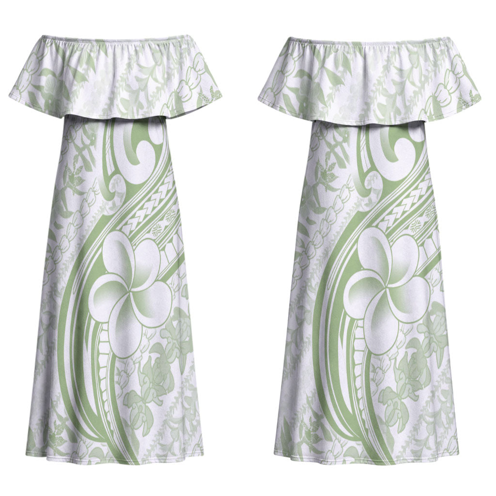Hawaii Plumeria Lokelani Pikake Lei Couples Matching Off Shoulder Maxi Dress and Hawaiian Shirt Oma'oma'o Polynesian Tattoo LT9 - Polynesian Pride
