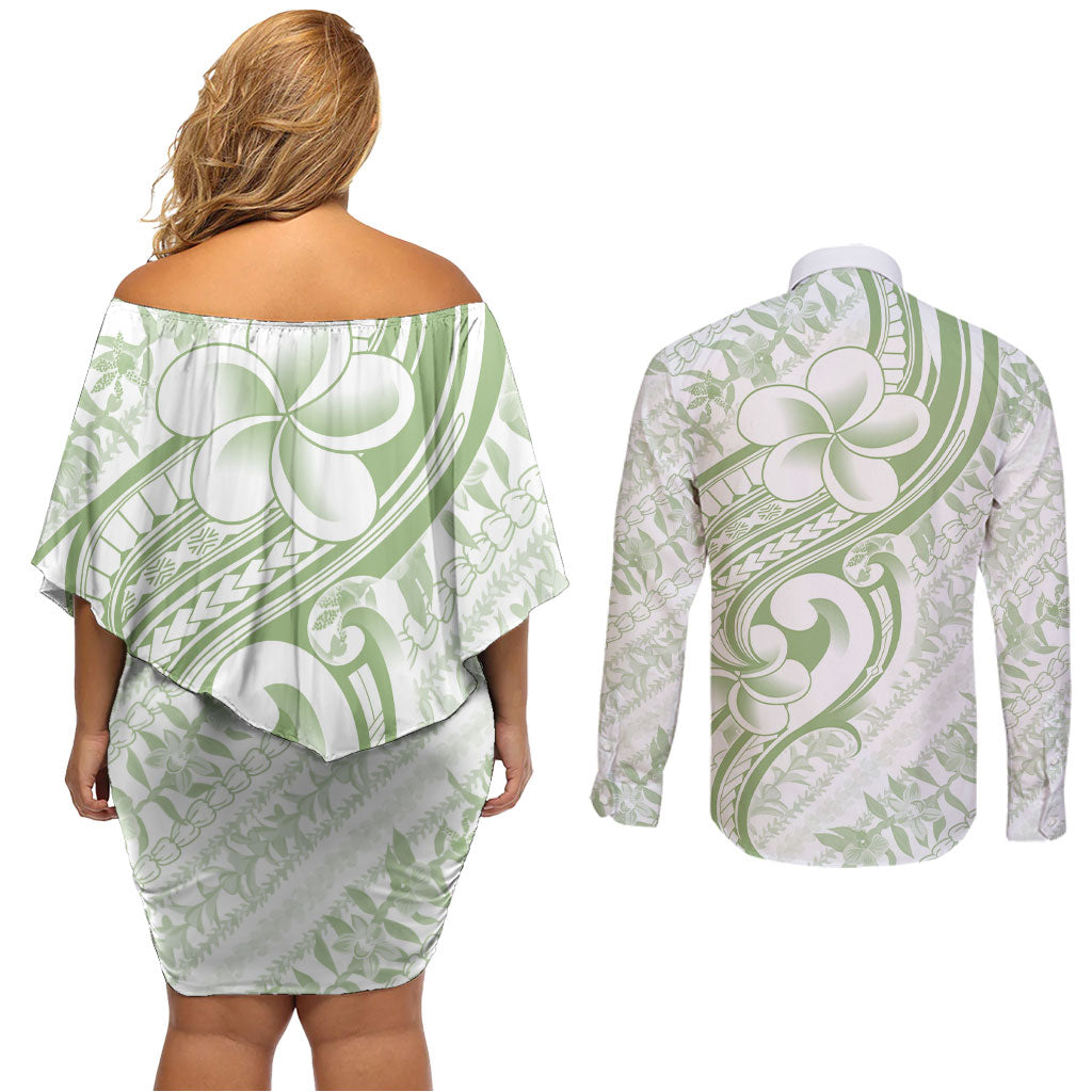 Hawaii Plumeria Lokelani Pikake Lei Couples Matching Off Shoulder Short Dress and Long Sleeve Button Shirt Oma'oma'o Polynesian Tattoo