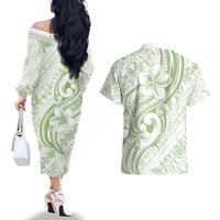 Hawaii Plumeria Lokelani Pikake Lei Couples Matching Off The Shoulder Long Sleeve Dress and Hawaiian Shirt Oma'oma'o Polynesian Tattoo