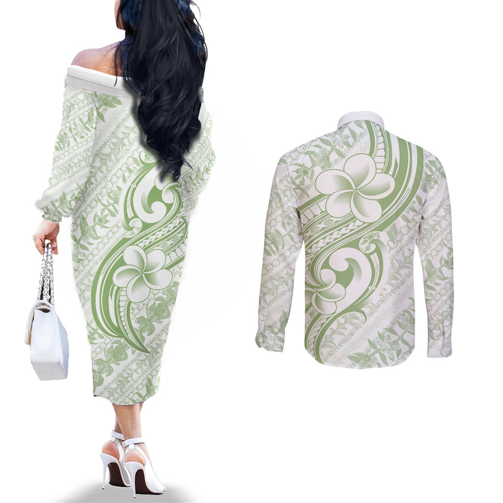 Hawaii Plumeria Lokelani Pikake Lei Couples Matching Off The Shoulder Long Sleeve Dress and Long Sleeve Button Shirt Oma'oma'o Polynesian Tattoo