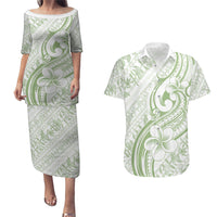 Hawaii Plumeria Lokelani Pikake Lei Couples Matching Puletasi and Hawaiian Shirt Oma'oma'o Polynesian Tattoo