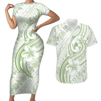Hawaii Plumeria Lokelani Pikake Lei Couples Matching Short Sleeve Bodycon Dress and Hawaiian Shirt Oma'oma'o Polynesian Tattoo