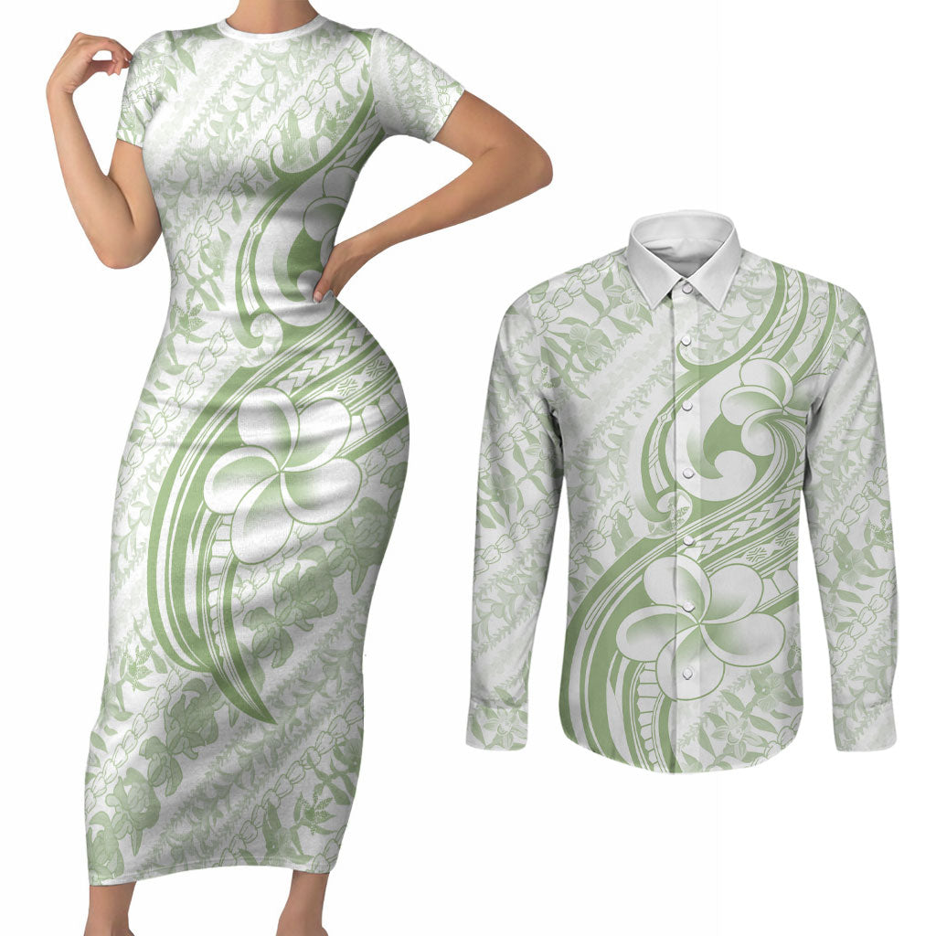 Hawaii Plumeria Lokelani Pikake Lei Couples Matching Short Sleeve Bodycon Dress and Long Sleeve Button Shirt Oma'oma'o Polynesian Tattoo LT9 Green - Polynesian Pride