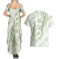 Hawaii Plumeria Lokelani Pikake Lei Couples Matching Summer Maxi Dress and Hawaiian Shirt Oma'oma'o Polynesian Tattoo