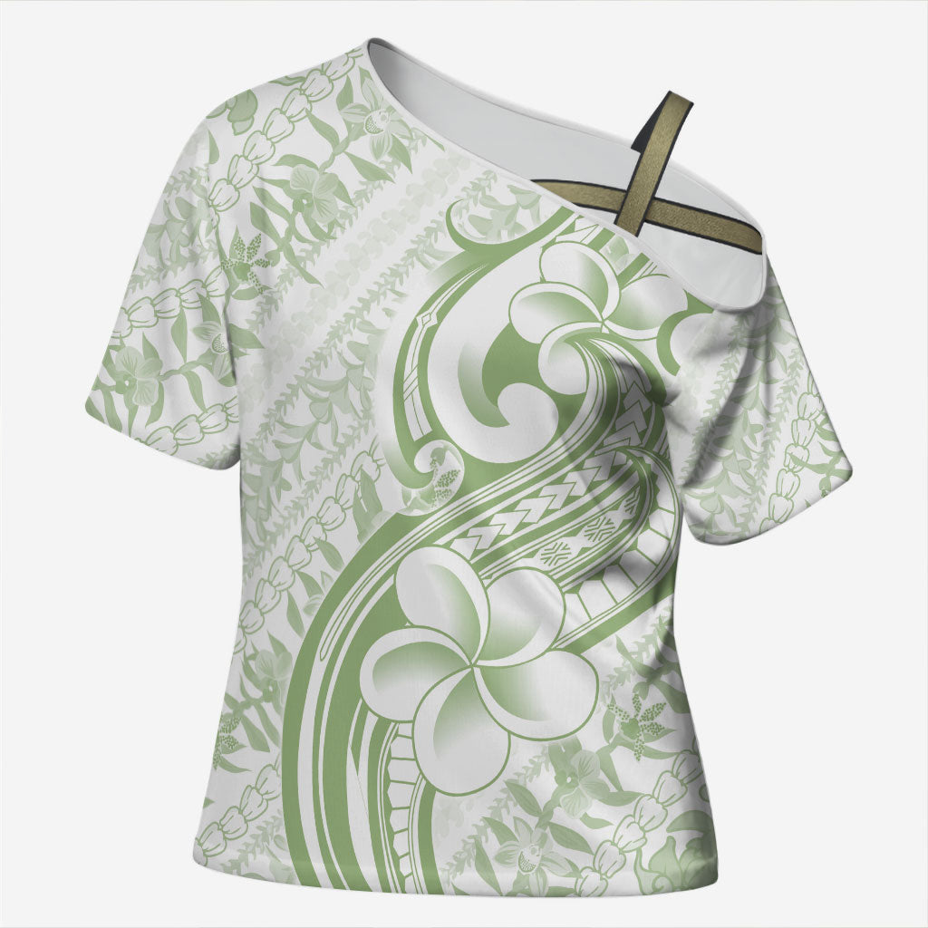 Hawaii Plumeria Lokelani Pikake Lei Cross Shoulder Shirt Oma'oma'o Polynesian Tattoo LT9 Female Green - Polynesian Pride