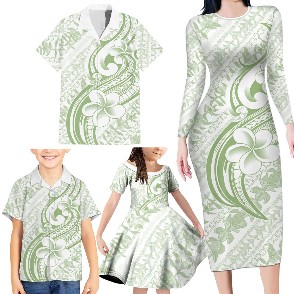 Hawaii Plumeria Lokelani Pikake Lei Family Matching Long Sleeve Bodycon Dress and Hawaiian Shirt Oma'oma'o Polynesian Tattoo