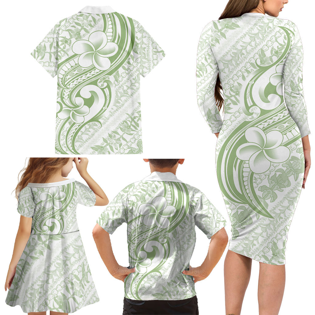 Hawaii Plumeria Lokelani Pikake Lei Family Matching Long Sleeve Bodycon Dress and Hawaiian Shirt Oma'oma'o Polynesian Tattoo