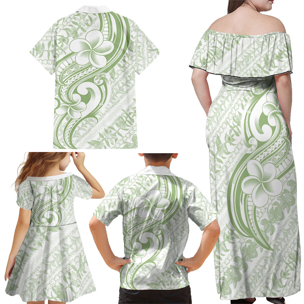 Hawaii Plumeria Lokelani Pikake Lei Family Matching Off Shoulder Maxi Dress and Hawaiian Shirt Oma'oma'o Polynesian Tattoo