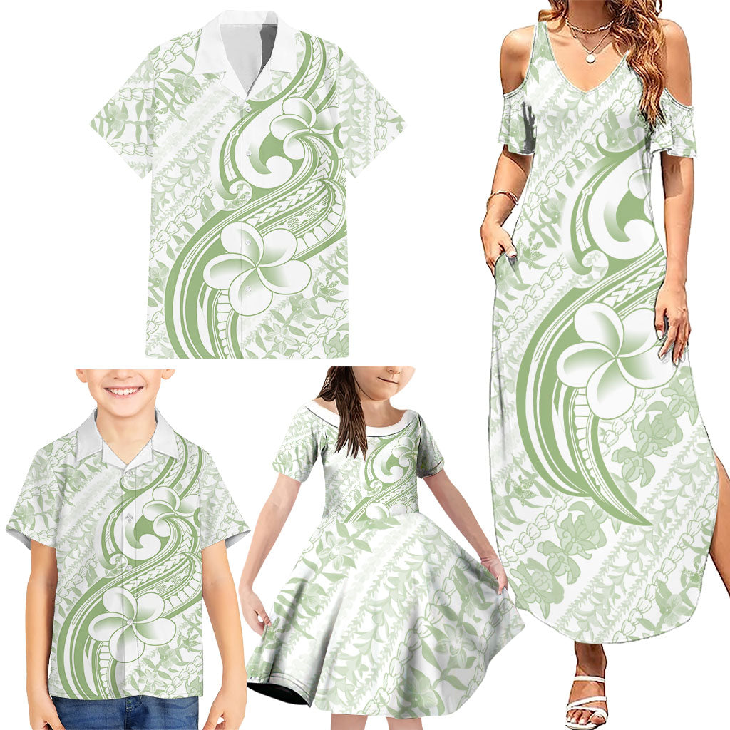 Hawaii Plumeria Lokelani Pikake Lei Family Matching Summer Maxi Dress and Hawaiian Shirt Oma'oma'o Polynesian Tattoo