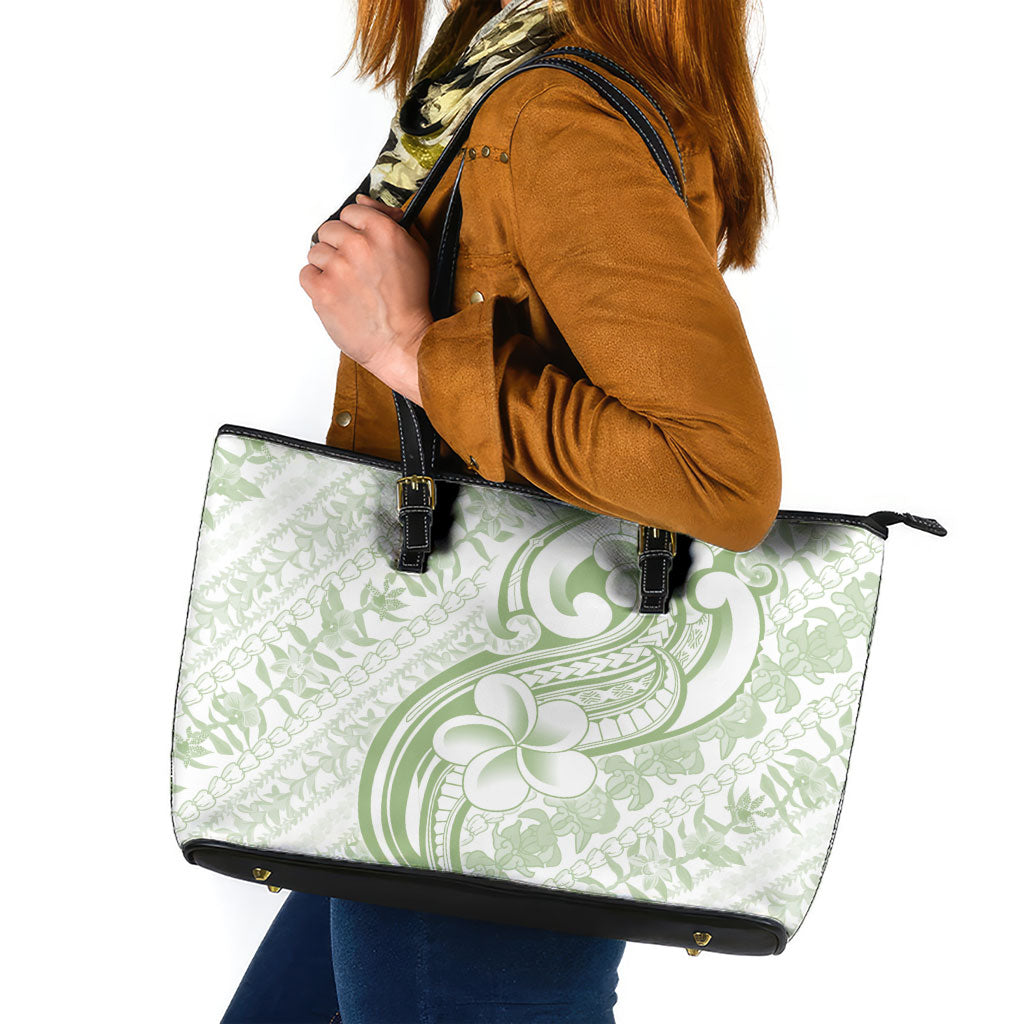 Hawaii Plumeria Lokelani Pikake Lei Leather Tote Bag Oma'oma'o Polynesian Tattoo LT9 Green - Polynesian Pride