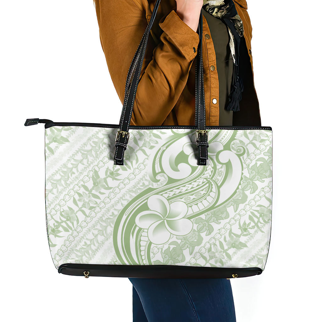 Hawaii Plumeria Lokelani Pikake Lei Leather Tote Bag Oma'oma'o Polynesian Tattoo LT9 - Polynesian Pride