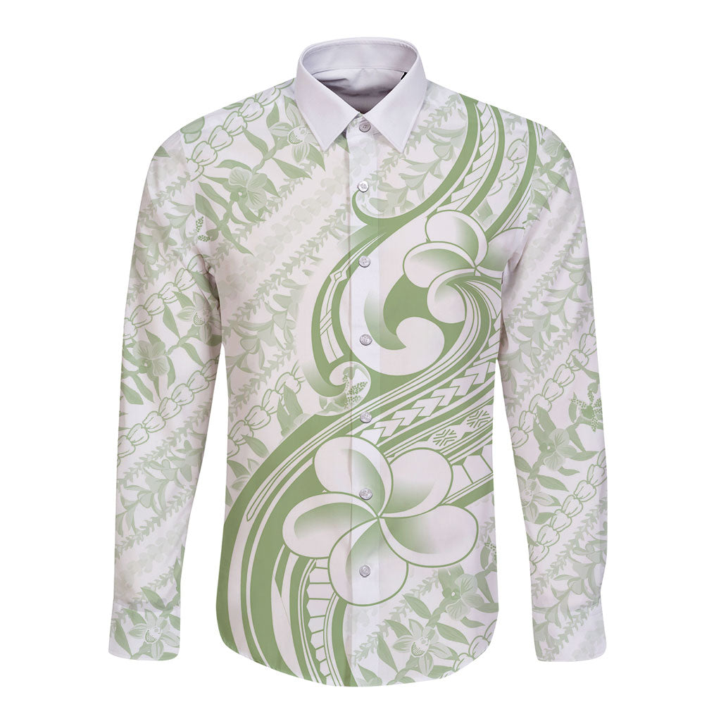 Hawaii Plumeria Lokelani Pikake Lei Long Sleeve Button Shirt Oma'oma'o Polynesian Tattoo