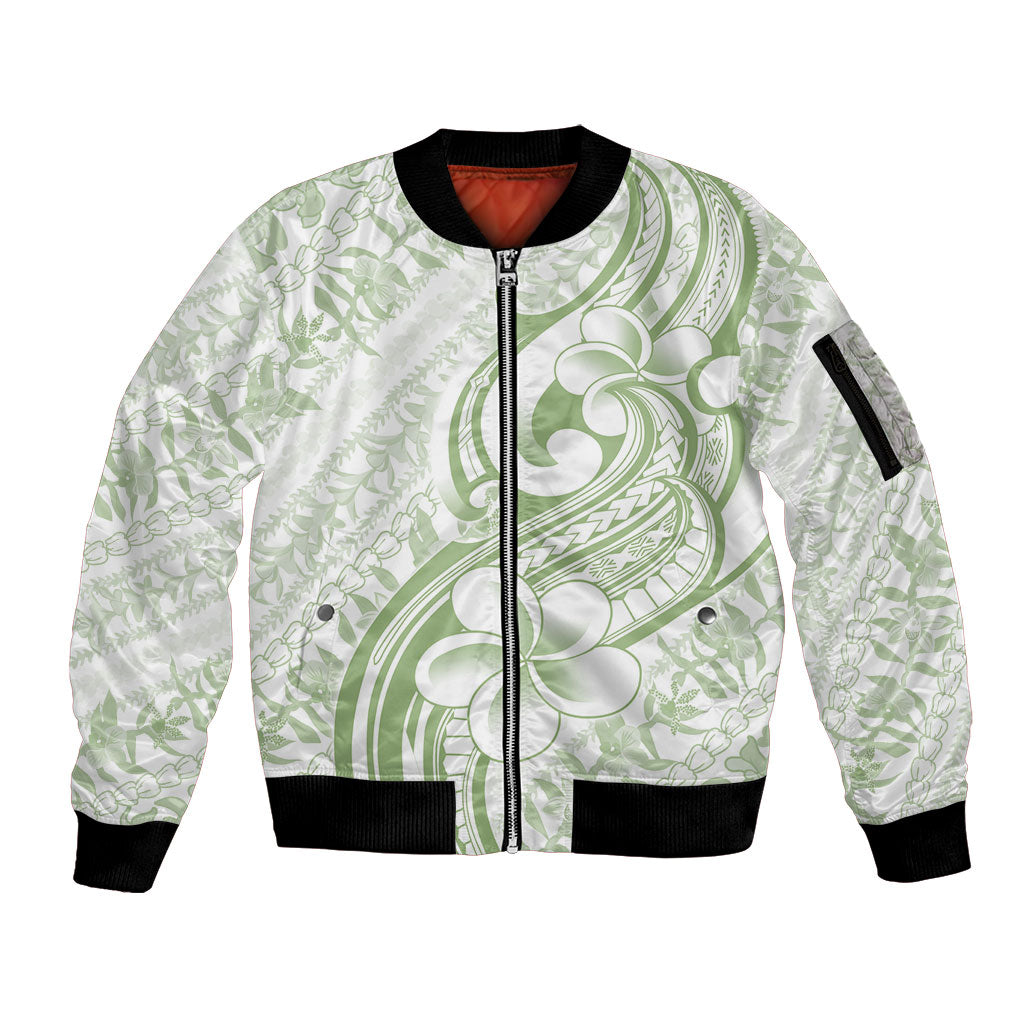 Hawaii Plumeria Lokelani Pikake Lei Sleeve Zip Bomber Jacket Oma'oma'o Polynesian Tattoo