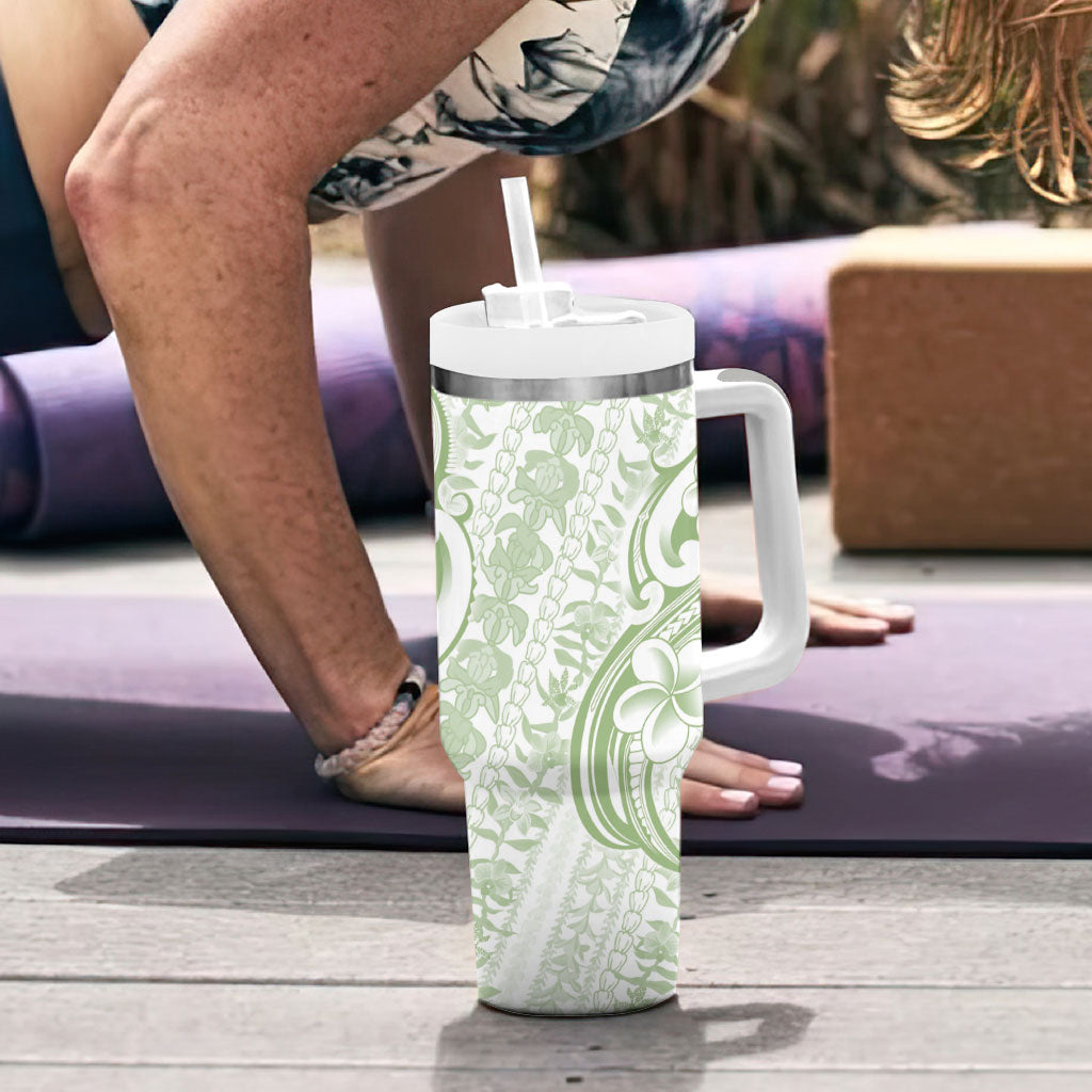 Hawaii Plumeria Lokelani Pikake Lei Tumbler With Handle Oma'oma'o Polynesian Tattoo LT9 - Polynesian Pride