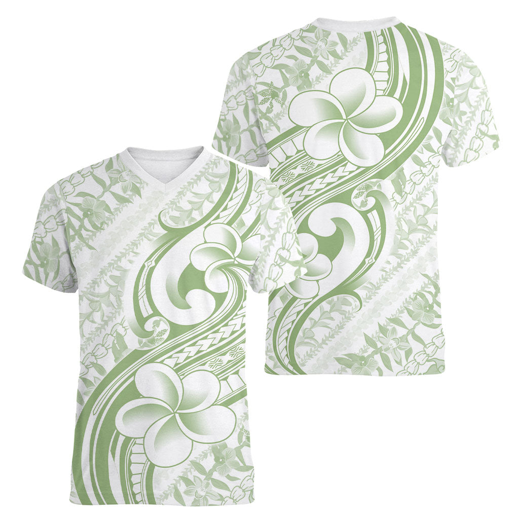 Hawaii Plumeria Lokelani Pikake Lei Women V-Neck T-Shirt Oma'oma'o Polynesian Tattoo