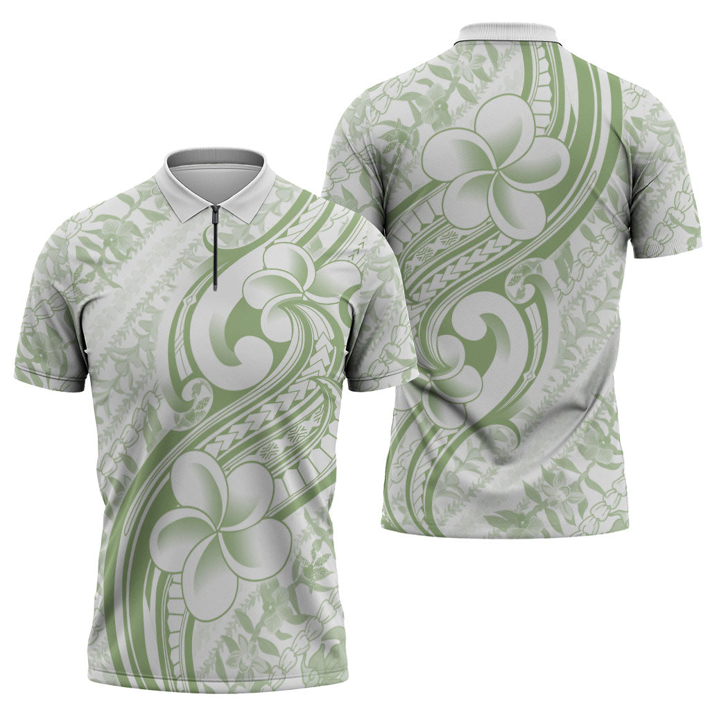 Hawaii Plumeria Lokelani Pikake Lei Zipper Polo Shirt Oma'oma'o Polynesian Tattoo