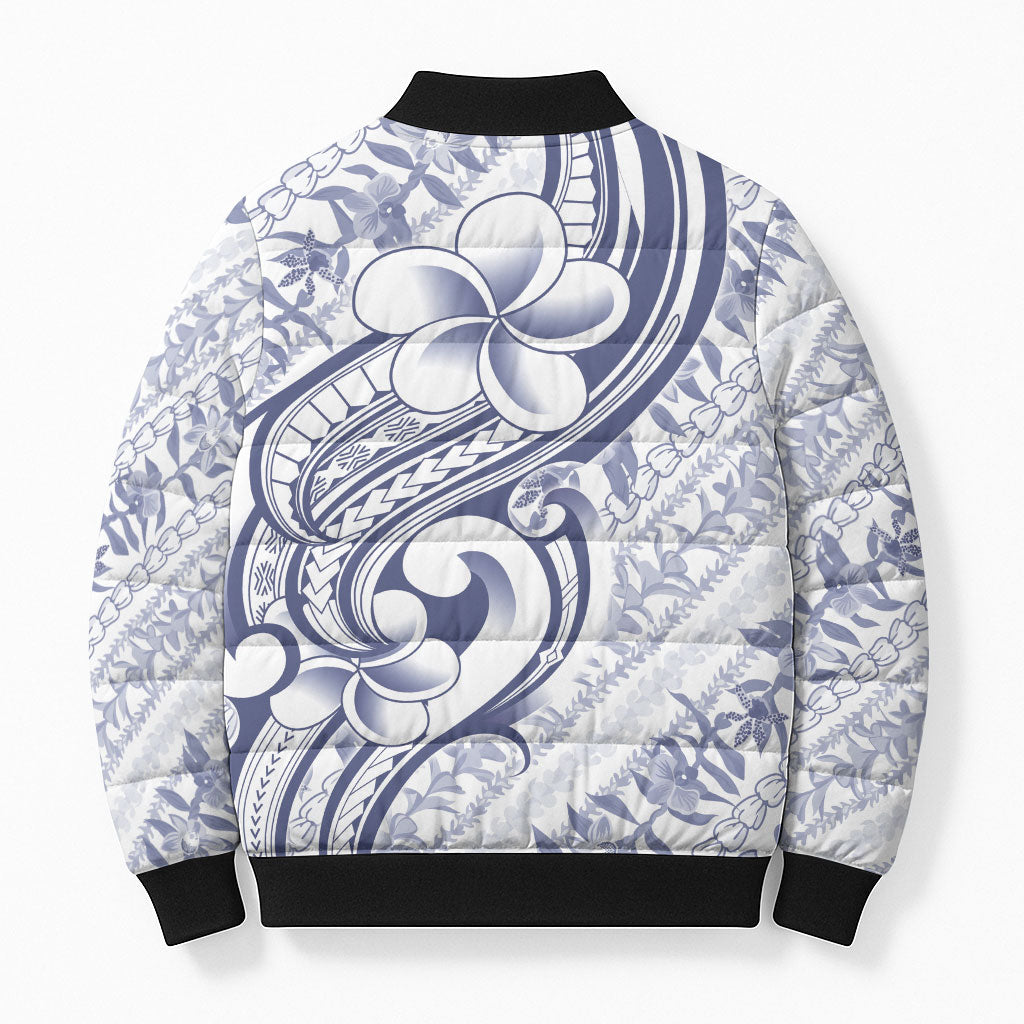 Hawaii Plumeria Lokelani Pikake Lei Bomber Puffer Jacket Navy Blue Polynesian Tattoo