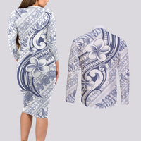 Hawaii Plumeria Lokelani Pikake Lei Couples Matching Long Sleeve Bodycon Dress and Long Sleeve Button Shirt Navy Blue Polynesian Tattoo