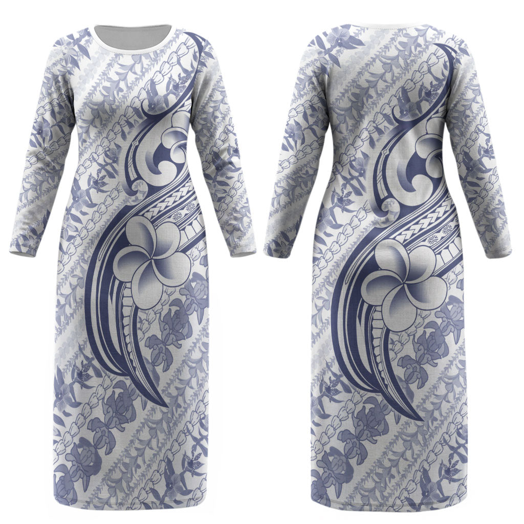 Hawaii Plumeria Lokelani Pikake Lei Couples Matching Long Sleeve Bodycon Dress and Long Sleeve Button Shirt Navy Blue Polynesian Tattoo LT9 - Polynesian Pride