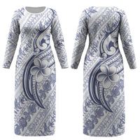 Hawaii Plumeria Lokelani Pikake Lei Couples Matching Long Sleeve Bodycon Dress and Long Sleeve Button Shirt Navy Blue Polynesian Tattoo LT9 - Polynesian Pride