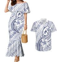 Hawaii Plumeria Lokelani Pikake Lei Couples Matching Mermaid Dress and Hawaiian Shirt Navy Blue Polynesian Tattoo