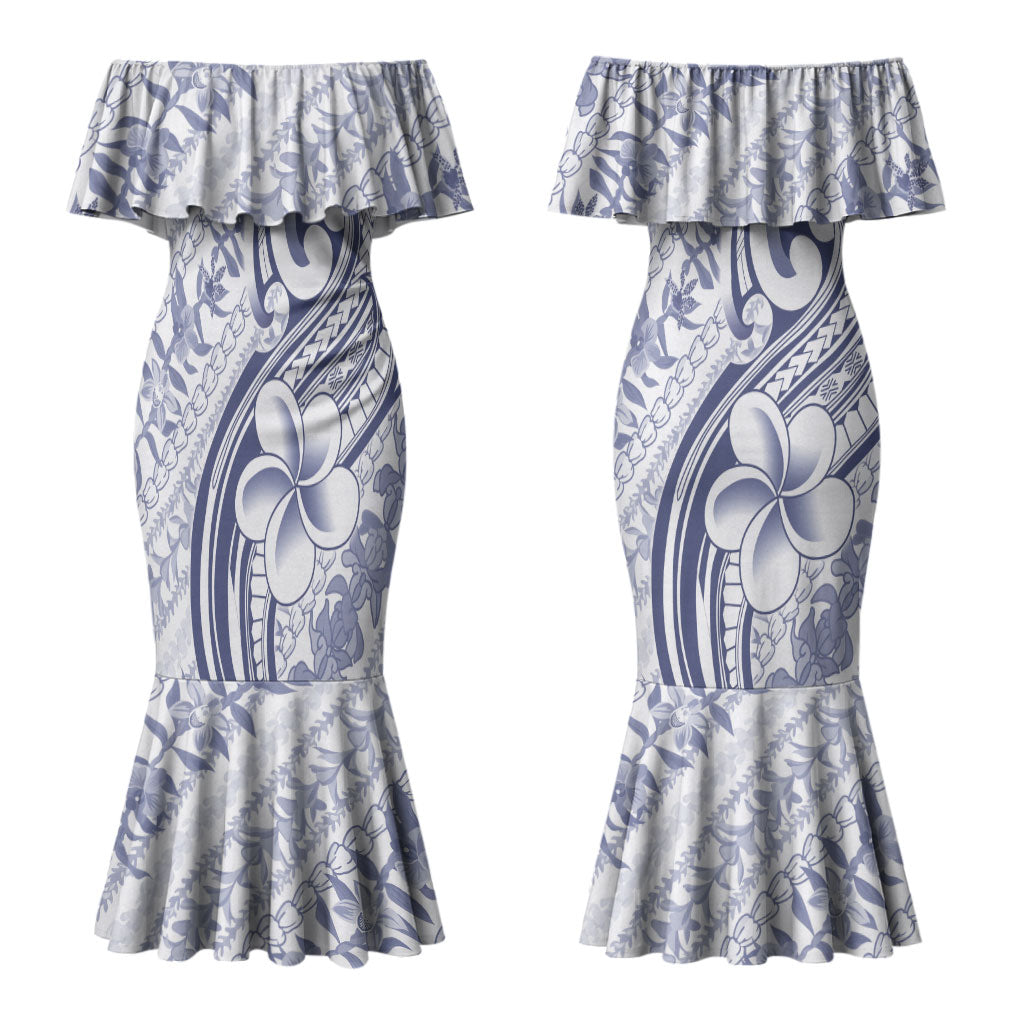 Hawaii Plumeria Lokelani Pikake Lei Couples Matching Mermaid Dress and Hawaiian Shirt Navy Blue Polynesian Tattoo LT9 - Polynesian Pride