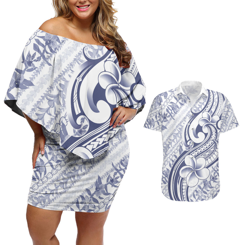 Hawaii Plumeria Lokelani Pikake Lei Couples Matching Off Shoulder Short Dress and Hawaiian Shirt Navy Blue Polynesian Tattoo