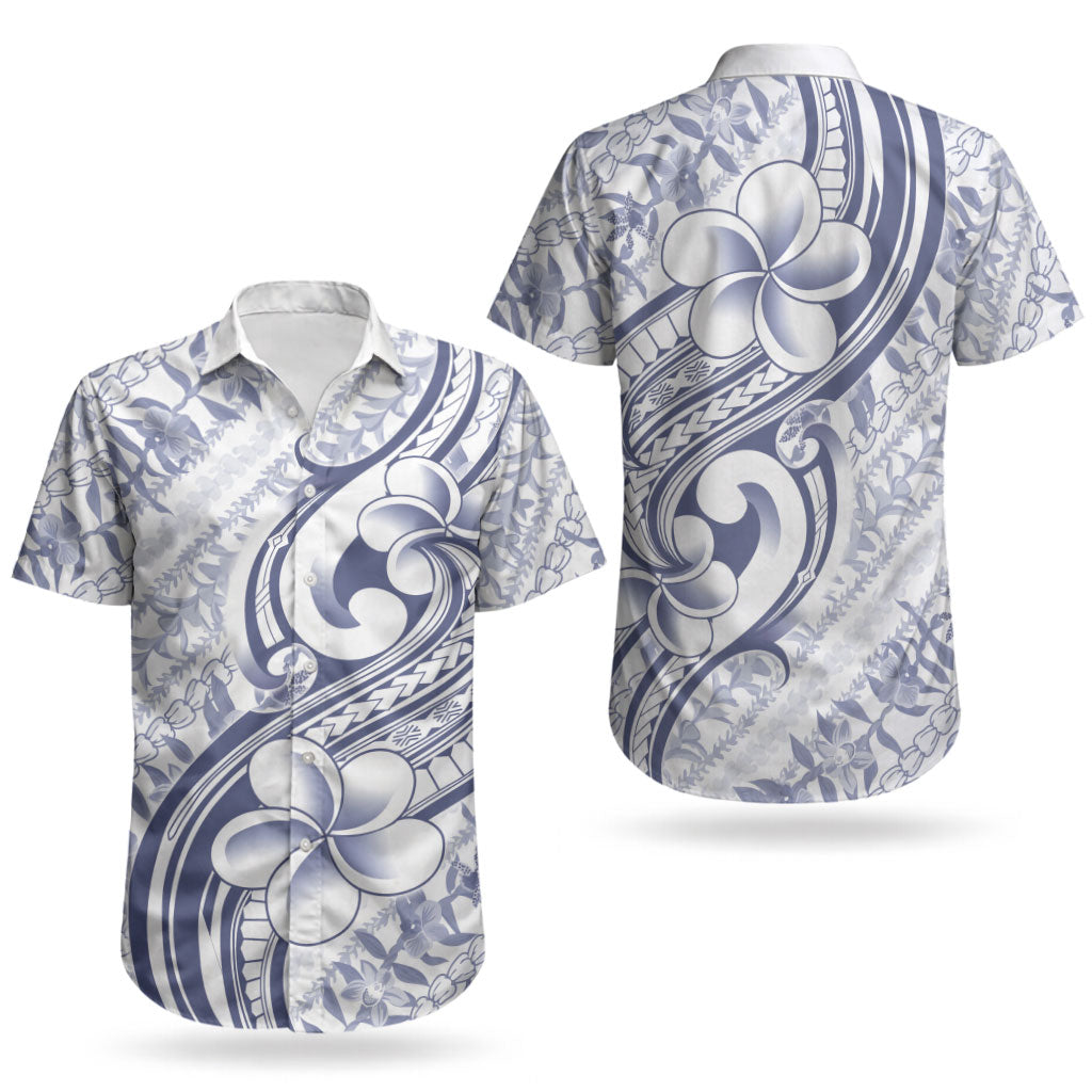 Hawaii Plumeria Lokelani Pikake Lei Couples Matching Off Shoulder Short Dress and Hawaiian Shirt Navy Blue Polynesian Tattoo LT9 - Polynesian Pride