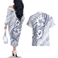 Hawaii Plumeria Lokelani Pikake Lei Couples Matching Off The Shoulder Long Sleeve Dress and Hawaiian Shirt Navy Blue Polynesian Tattoo
