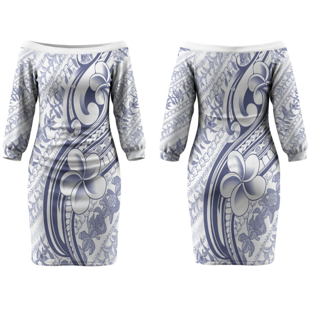 Hawaii Plumeria Lokelani Pikake Lei Couples Matching Off The Shoulder Long Sleeve Dress and Long Sleeve Button Shirt Navy Blue Polynesian Tattoo LT9 - Polynesian Pride
