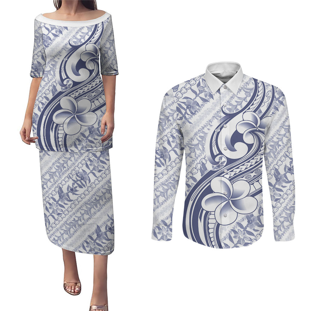Hawaii Plumeria Lokelani Pikake Lei Couples Matching Puletasi and Long Sleeve Button Shirt Navy Blue Polynesian Tattoo