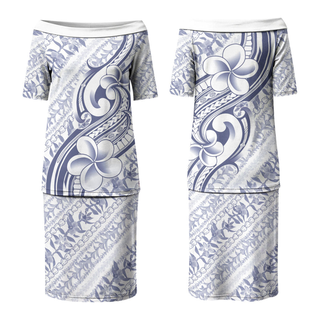 Hawaii Plumeria Lokelani Pikake Lei Couples Matching Puletasi and Long Sleeve Button Shirt Navy Blue Polynesian Tattoo LT9 - Polynesian Pride