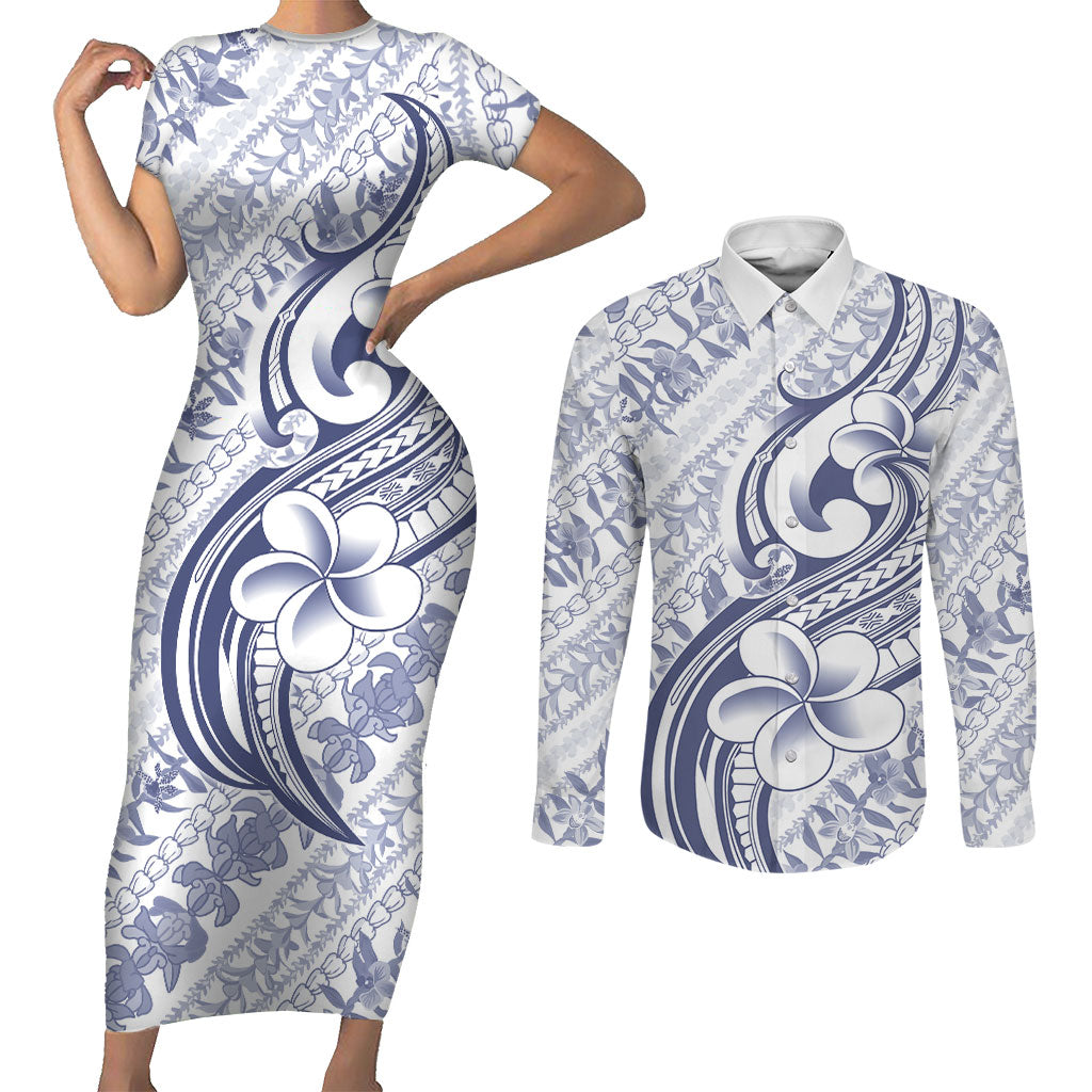 Hawaii Plumeria Lokelani Pikake Lei Couples Matching Short Sleeve Bodycon Dress and Long Sleeve Button Shirt Navy Blue Polynesian Tattoo
