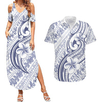 Hawaii Plumeria Lokelani Pikake Lei Couples Matching Summer Maxi Dress and Hawaiian Shirt Navy Blue Polynesian Tattoo