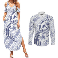 Hawaii Plumeria Lokelani Pikake Lei Couples Matching Summer Maxi Dress and Long Sleeve Button Shirt Navy Blue Polynesian Tattoo