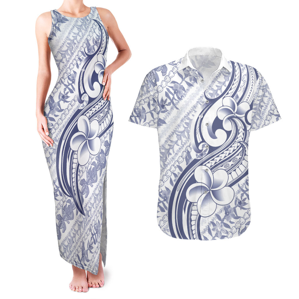 Hawaii Plumeria Lokelani Pikake Lei Couples Matching Tank Maxi Dress and Hawaiian Shirt Navy Blue Polynesian Tattoo