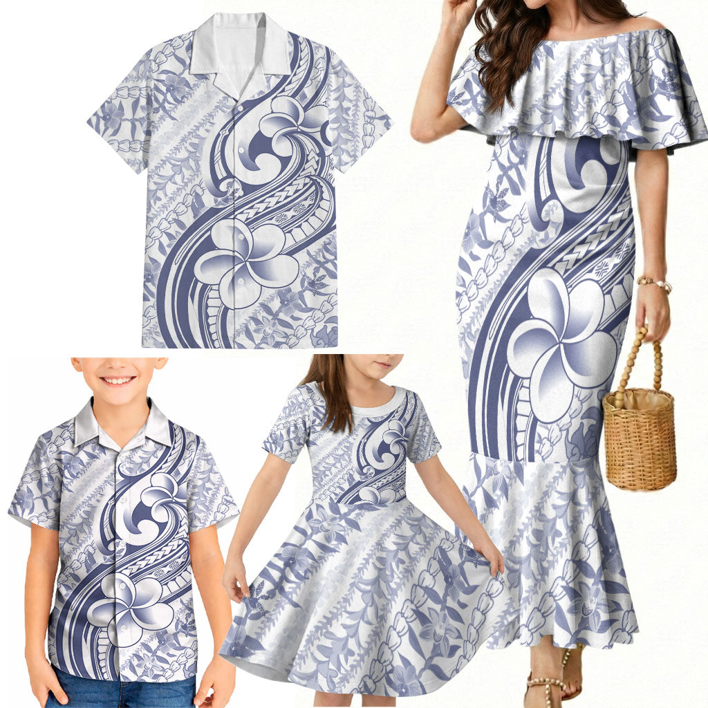 Hawaii Plumeria Lokelani Pikake Lei Family Matching Mermaid Dress and Hawaiian Shirt Navy Blue Polynesian Tattoo LT9 - Polynesian Pride