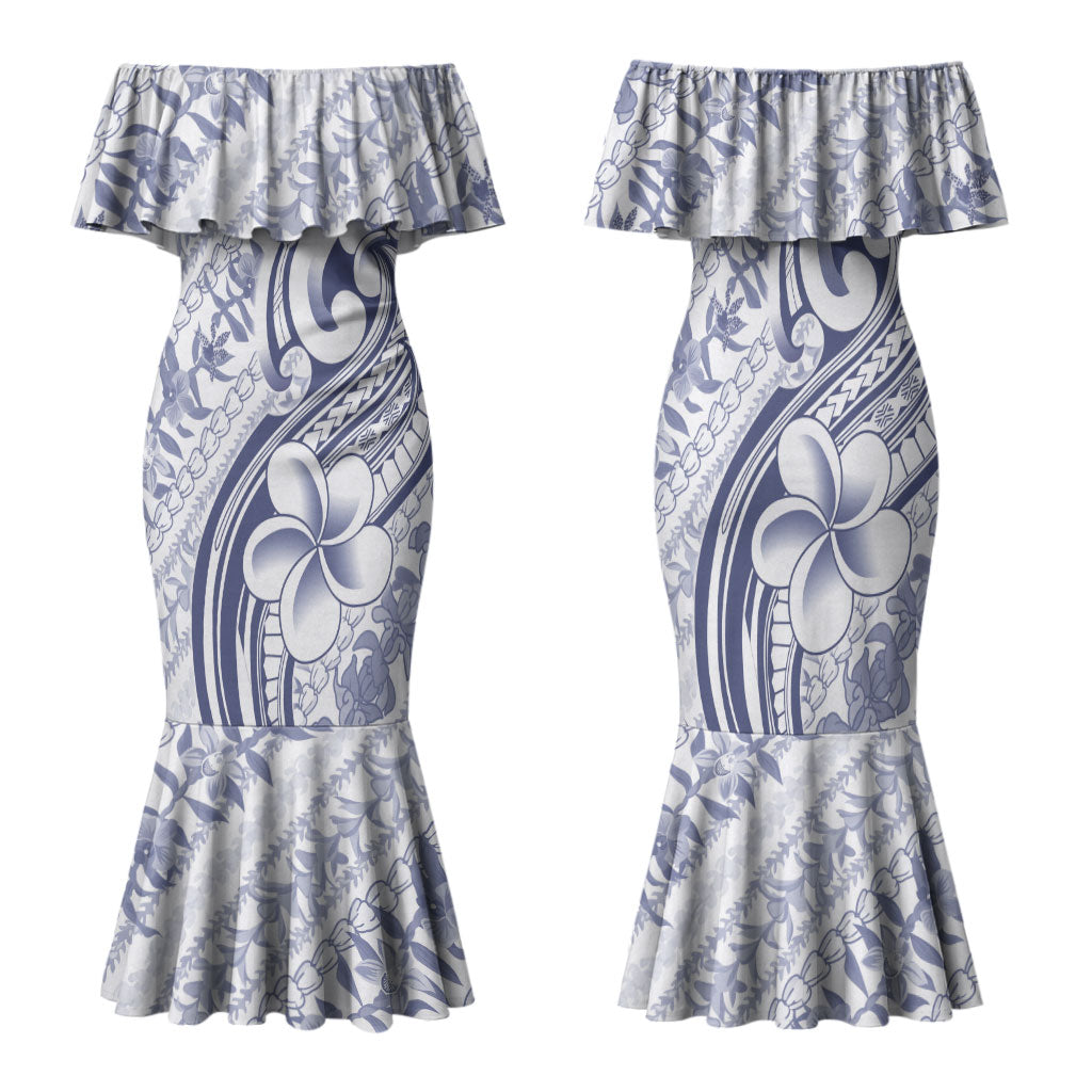 Hawaii Plumeria Lokelani Pikake Lei Family Matching Mermaid Dress and Hawaiian Shirt Navy Blue Polynesian Tattoo LT9 Mom's Dress Navy Blue - Polynesian Pride