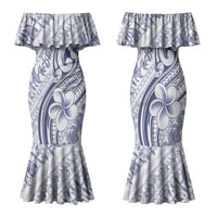Hawaii Plumeria Lokelani Pikake Lei Family Matching Mermaid Dress and Hawaiian Shirt Navy Blue Polynesian Tattoo LT9 Mom's Dress Navy Blue - Polynesian Pride