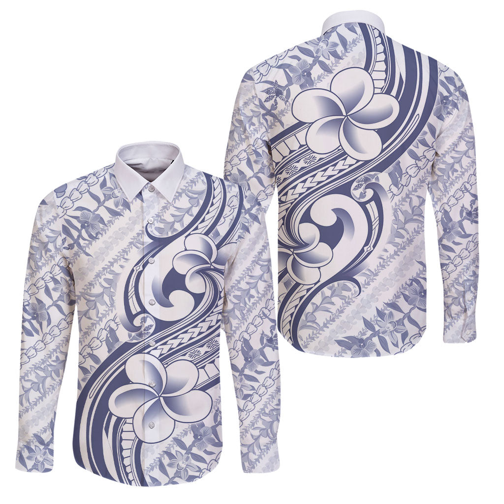 Hawaii Plumeria Lokelani Pikake Lei Family Matching Mermaid Dress and Hawaiian Shirt Navy Blue Polynesian Tattoo LT9 Dad's Shirt - Long Sleeve Navy Blue - Polynesian Pride