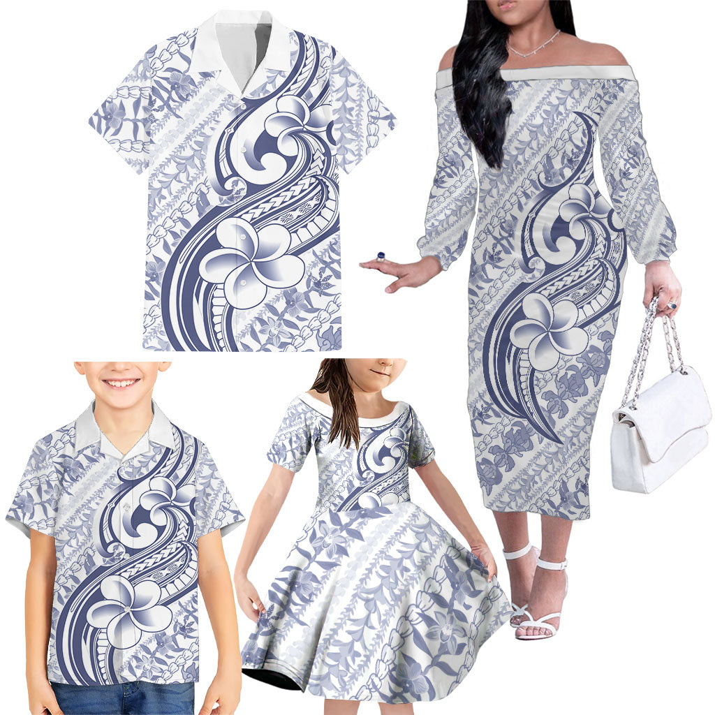 Hawaii Plumeria Lokelani Pikake Lei Family Matching Off The Shoulder Long Sleeve Dress and Hawaiian Shirt Navy Blue Polynesian Tattoo