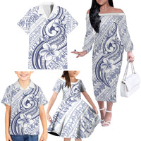 Hawaii Plumeria Lokelani Pikake Lei Family Matching Off The Shoulder Long Sleeve Dress and Hawaiian Shirt Navy Blue Polynesian Tattoo